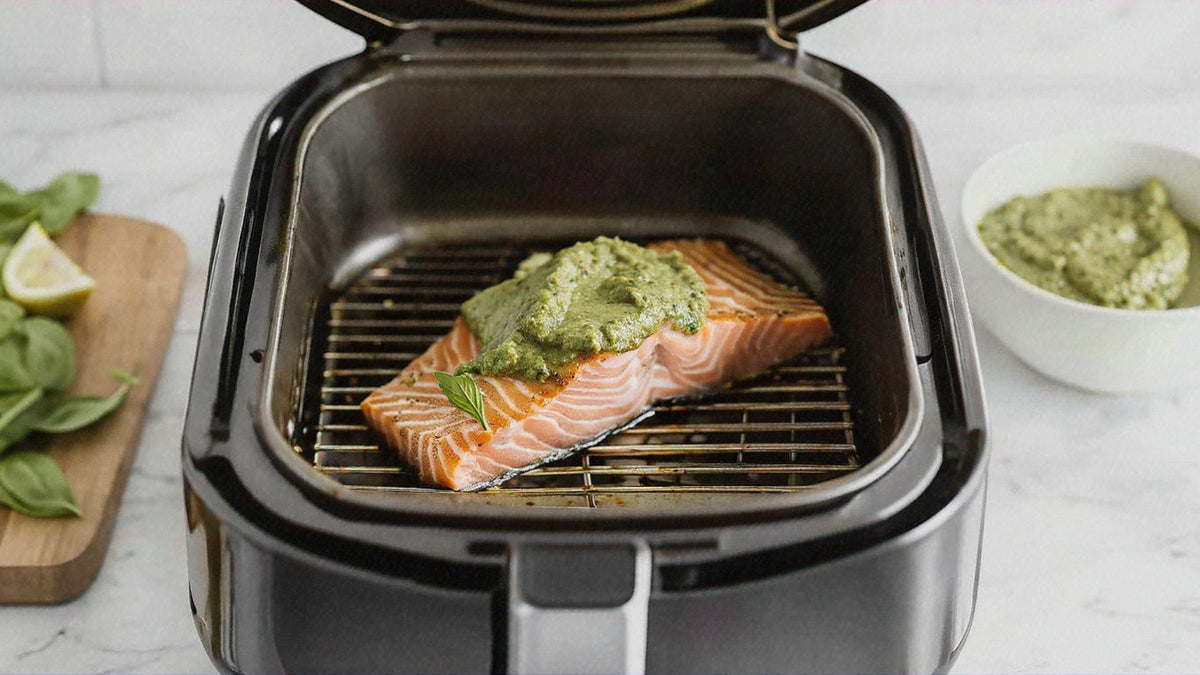 Salmon fillet with pesto in an open air fryer basket