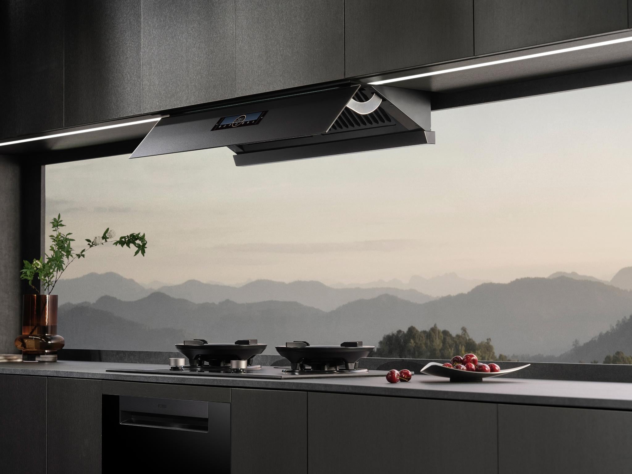 FOTILE Moonshadow kitchen collection with range hood and cooktop overlooking a mountain view