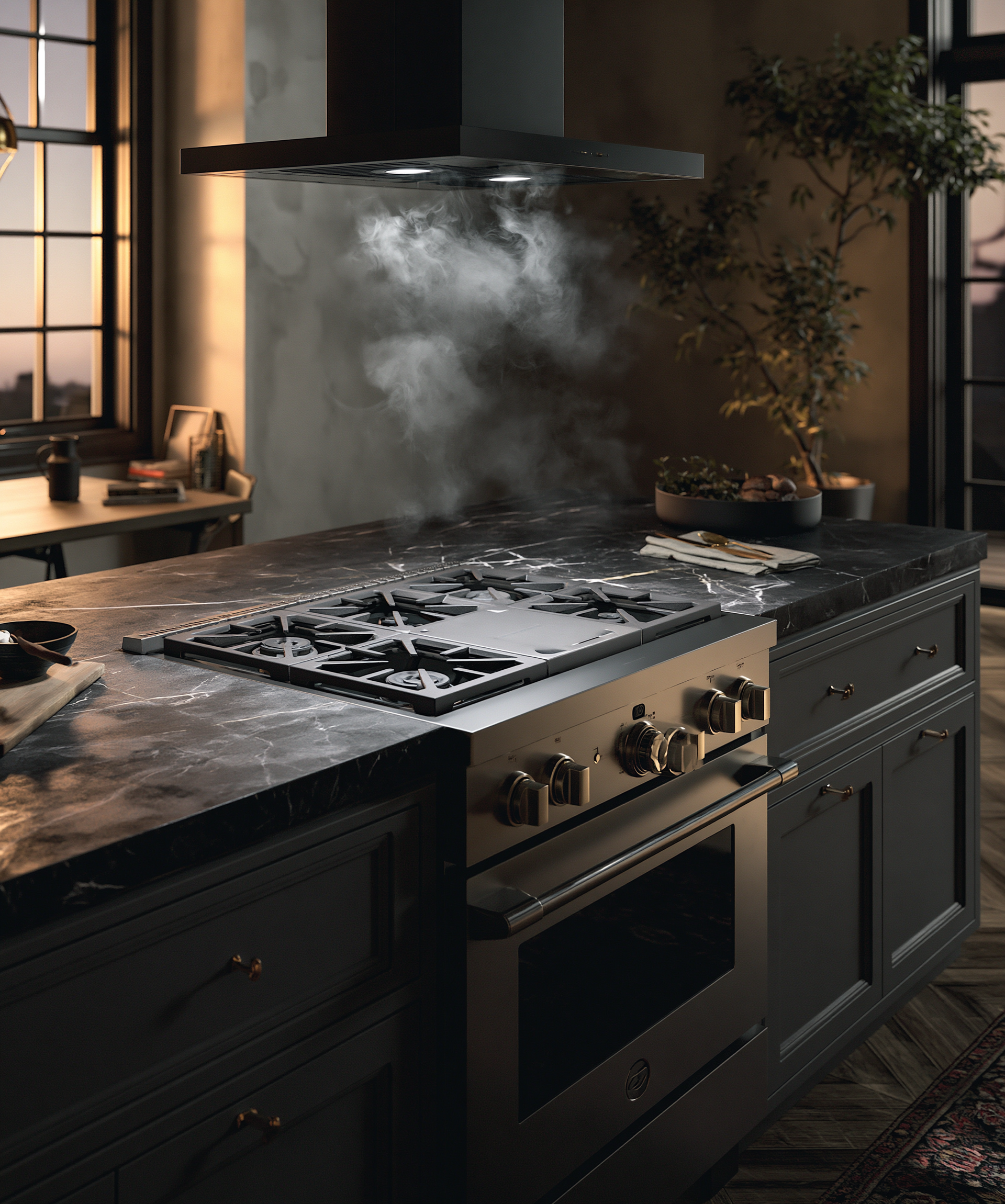 Moonshadow kitchen with steam rising from a FOTILE cooktop