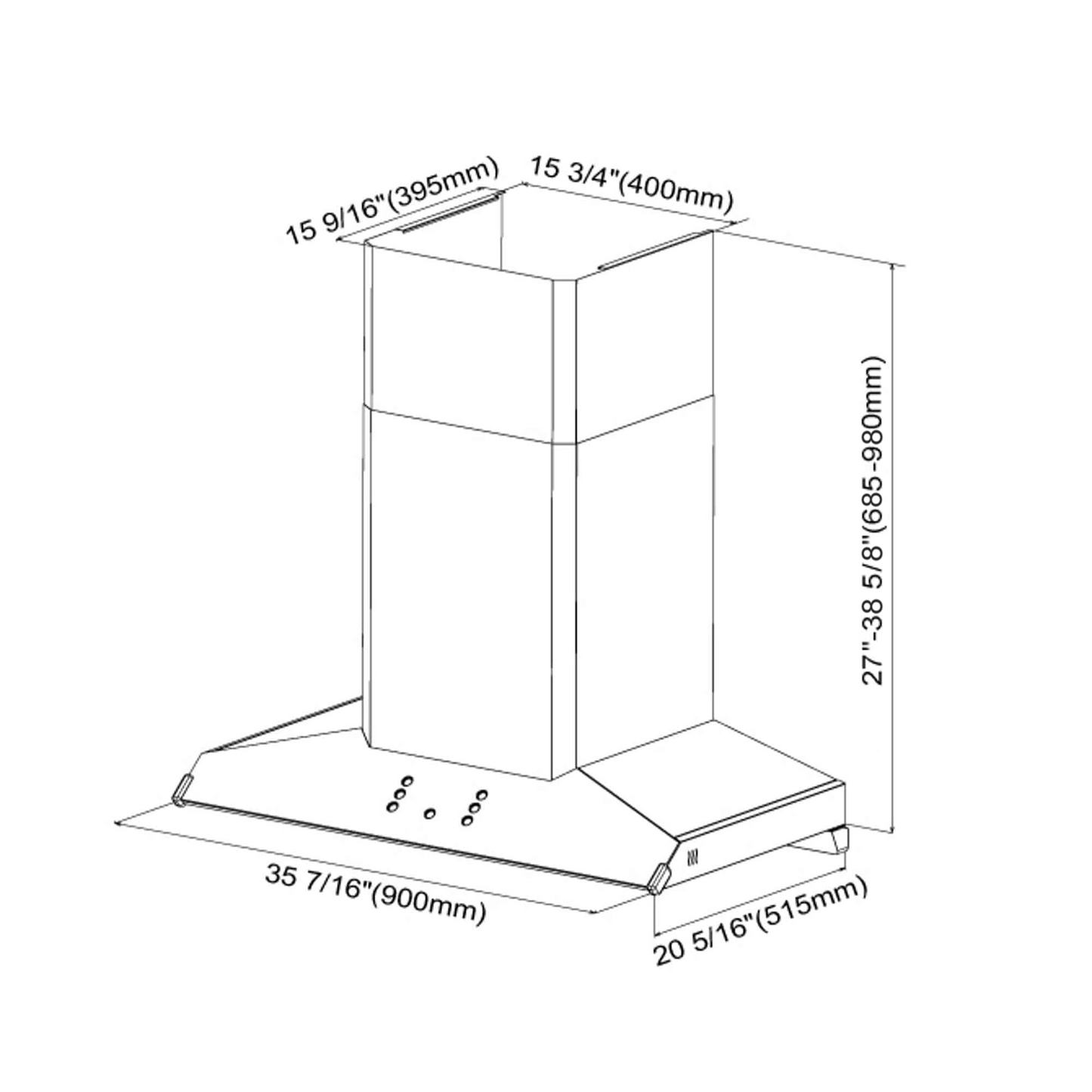Technical drawing of the FOTILE 36'' Wall-Mount Range Hood 1100CFM | EMG9030, part of the perimeter vent series, with dimensions labeled. The width is shown as 35 7/16" (900mm), depth as 20 5/16" (515mm), height adjustable between 27 3/16 – 38 5/8" (695 - 980mm), chimney depth is