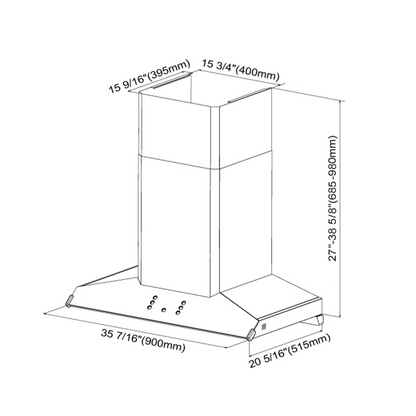 Technical drawing of the FOTILE 36'' Wall-Mount Range Hood 1100CFM | EMG9030, part of the perimeter vent series, with dimensions labeled. The width is shown as 35 7/16" (900mm), depth as 20 5/16" (515mm), height adjustable between 27 3/16 – 38 5/8" (695 - 980mm), chimney depth is