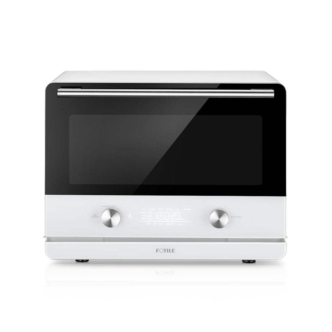 A sleek, modern Combi Steam Oven featuring a black glass front and digital display with touch buttons and two dials. The unit has a white exterior, embodying the multifunctional capabilities of the ChefCubii series. The brand name "FOTILE" is visible on the lower front part of the appliance.