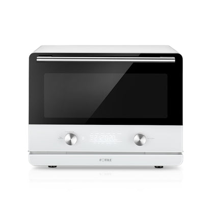 A sleek, modern Combi Steam Oven featuring a black glass front and digital display with touch buttons and two dials. The unit has a white exterior, embodying the multifunctional capabilities of the ChefCubii series. The brand name "FOTILE" is visible on the lower front part of the appliance.