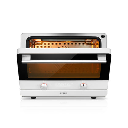 A multifunctional countertop oven with a sleek design, the FOTILE Combi Steam Oven features a clear glass front door with two control knobs and a digital display. The combi-steam oven interior is illuminated with warm light, showcasing the brand name "FOTILE" elegantly placed below the door.