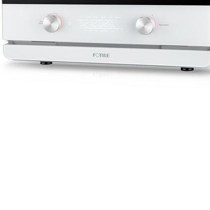 Close-up of a modern kitchen appliance labeled "FOTILE" in the lower center. This multifunctional countertop oven, known as the Combi Steam Oven, boasts a sleek white design with a digital display, two round knobs on either side, and an overall minimalist aesthetic.