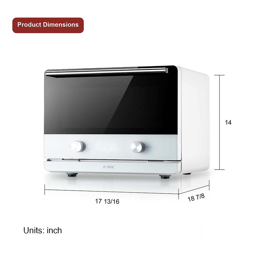 A modern white kitchen appliance with metallic knobs on the front, the FOTILE Combi Steam Oven measures 17 13/16 inches wide, 14 inches tall, and 18 7/8 inches deep. A red label on the top left corner reads "Product Dimensions.