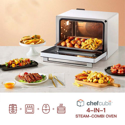 A FOTILE Combi Steam Oven with dishes of food surrounding it. The oven door is open, revealing cooked drumsticks inside. Various dishes, including fries, vegetables, and seafood, are arranged around the oven. The text "FOTILE Combi Steam Oven" is shown prominently.