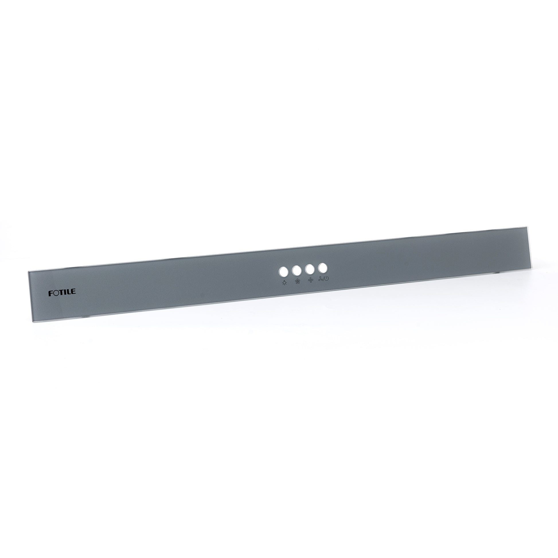 The Control Panel Glass for Slant Vent Series by FOTILE Kitchen Appliances is a slim, gray, horizontal panel featuring the Fotile logo on the left. The panel has four circular buttons in the center with a small star icon under the third button and the letters "AUTO" under the fourth button. The background is white.