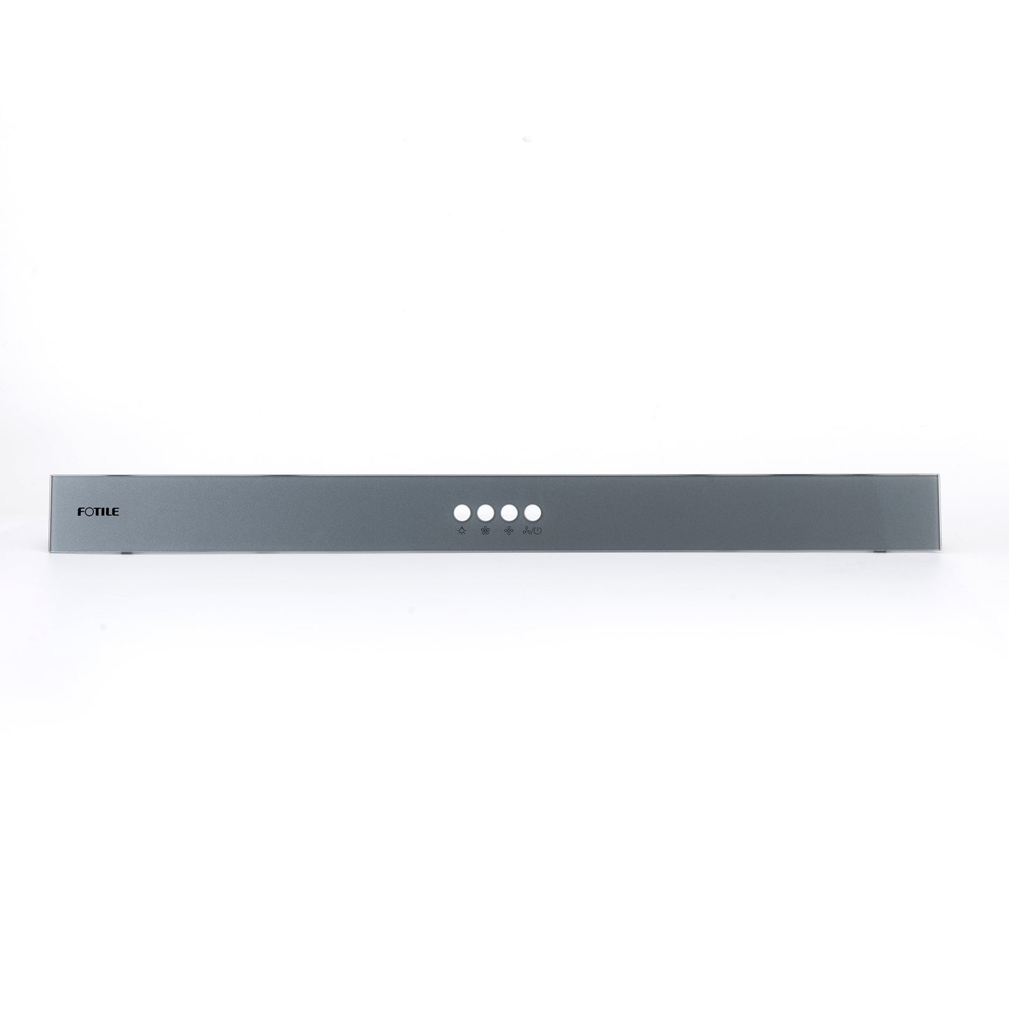A sleek, modern Control Panel Glass for the Slant Vent Series with a minimalist design in stainless steel. The front panel features the brand name "FOTILE Kitchen Appliances" on the left side and a set of control buttons in the center. The background is plain white.