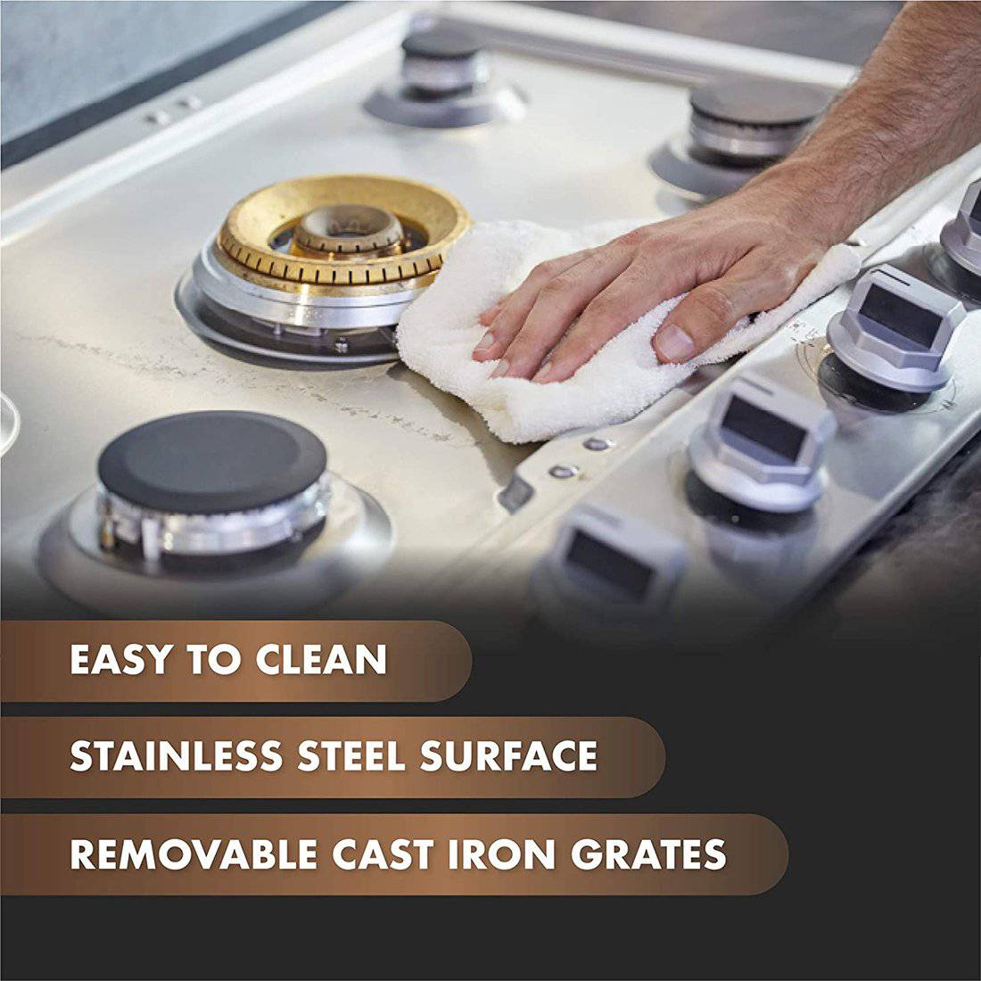 Man Wiping Down Stainless Steel Surface of the FOTILE GLS30501 Tri-Ring Gas Cooktop with a Cloth