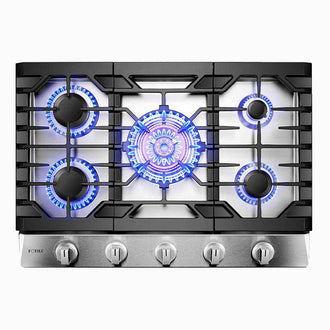 FOTILE 30-inch Tri-Ring stainless steel gas cooktop GLS30501, burners lit